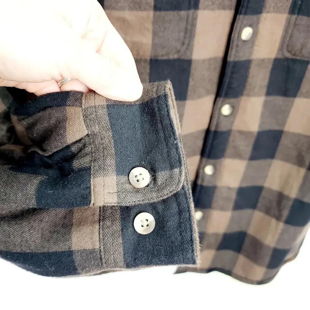 Men's Plaid Flannel Shirt Jacket Large Brown Buffalo Check Button Up Shacket